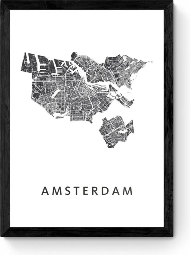 Kunst in Kaart Amsterdam - Ingelijste Stadskaart Poster Wit