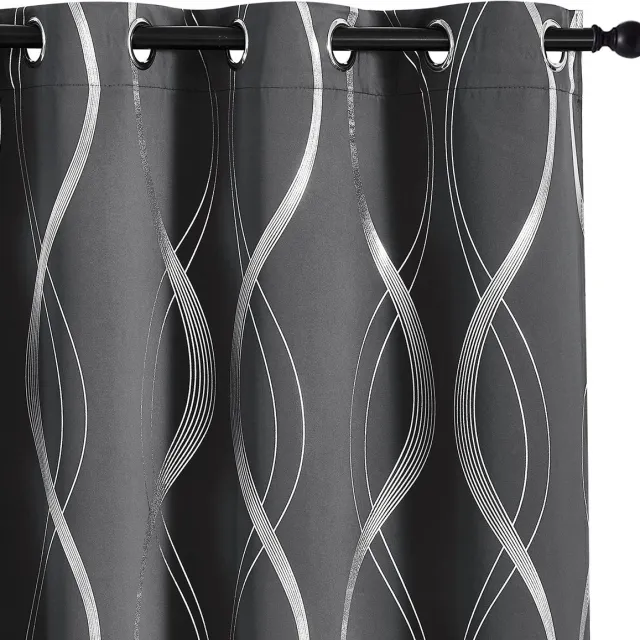 Unyqoos ® Gordijnenset met Thermische Verduistering en Modern Zilveren Foliepatroon zwart