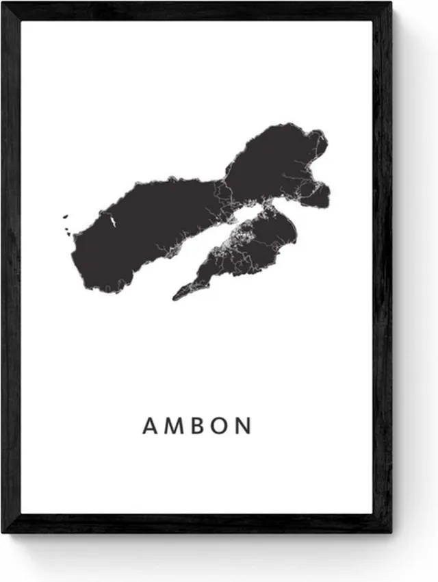 Kunst in Kaart Ambon - Ingelijste Eilandkaart Poster Zwart, Wit