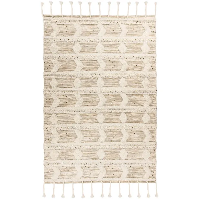 Padiro stijlvol laagpolig vloerkleed 160 x 230 cm - crème / offwhite - geometrisch boho-patroon - met franjes - voor vloerverwarming - van wol, katoen en pailletten beige