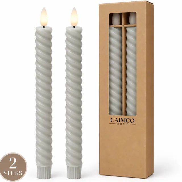 Caimco LED Dinerkaarsen – 2 Stuks – Gedraaide LED Kaarsen met Timer – Batterij – Warm Wit Licht – Licht Grijs – 3000 Branduren