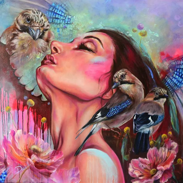 myDeaNA Canvas schilderij - Vrouwenportret met Vlaamse Gaai - Spirituele Kunst & Symboliek - 80 x 80 cm. - wanddecoratie - myDeaNA rose-blauw-bruin