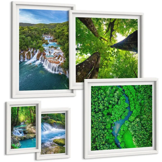 TULUP 4-Delige Schilderij Set - Natuurlijke watervallen en groene natuurlandschappen - 50 x 50 cm, 20 x 30 cm en 40 x 60 cm - Wanddecoratie - Moderne Interieurdecoratie Witte lijst