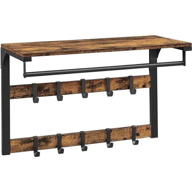 Hoppa! Wandgarderobe met Plank - Afneembare Haken - Hangrek - Wandmontage - Vintage Bruin-Zwart