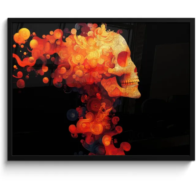 FrameYourWall Poster in lijst - Fotolijst 70x50 cm - Posters - Schedel - Oranje - Zijaanzicht - Vlammen - Posterlijst zwart - Decoratie - Wanddecoratie woonkamer - Muurdecoratie slaapkamer Schedel - Vlammen