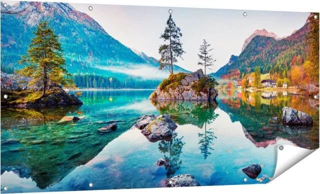 Gards Tuinposter Meer in de Bergen tijdens de Herfst - 160x80 cm - Tuindoek - Tuindecoratie - Wanddecoratie buiten - Tuinschilderij Multikleur