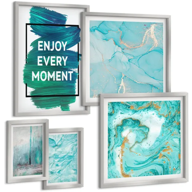 TULUP 4-Delige Schilderij Set - Abstracte composities met inspirerende letters en patronen - 50 x 50 cm, 20 x 30 cm en 40 x 60 cm - Stijlvolle Muurdecoratie - Kantoor - Woonkamer Decoratie Zilveren lijst