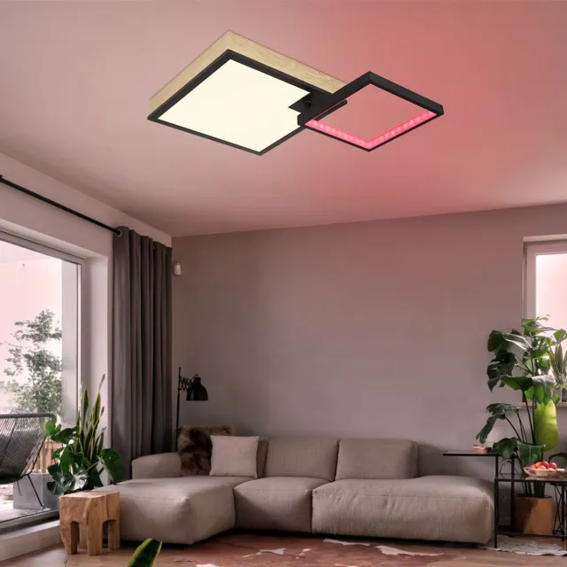 Globo Plafondlamp Designlamp Houten lamp Woonkamerlamp, Regenboog effect dimbaar Afstandsbediening verplaatsbaar CCT, LED 21W 1000Lm warm wit-koud wit, LxBxH 60x41x10cm Zwart