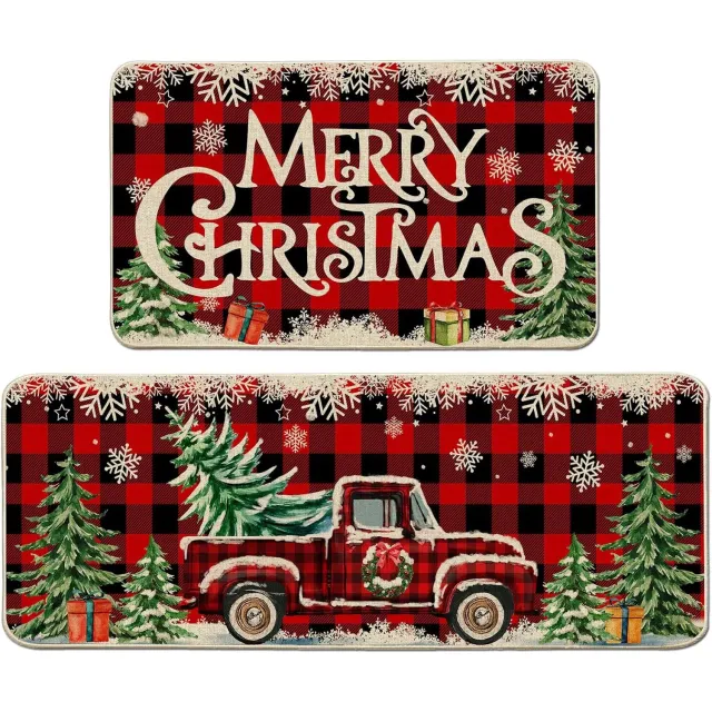 YAGXIG Kerstkeukenmat - Kersttapijt - Deurmat - Vloermat - Kerstkeukendecoratie - Kerstkeukentapijt Set van 2 - Geschikt voor badkamer, huis, binnen (40*60+40*120cm) Rood