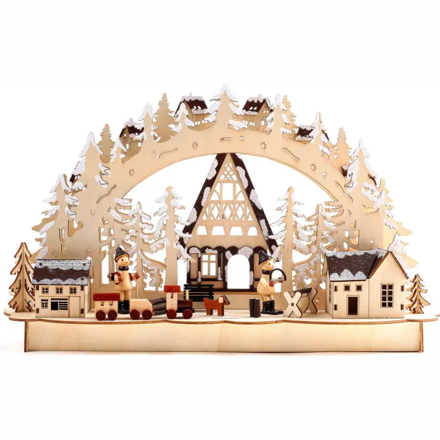 Brubaker 3D LED-lichtboog, lichtboog, winterlandschap met houtarbeiders, LED-verlichting, natuurlijk hout, 43,5 x 26,8 x 10,1 cm, handgeschilderd Houtkleuren bruin wit