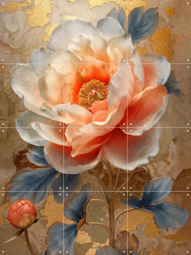 IXXI Orange Flower Gold, OTTI - 60 x 80 cm - Grote wanddecoratie en posters - Gemengde Technieken, Klassiek, Slaapkamer, Woonkamer, Gang, Bloemen Roze / Goud