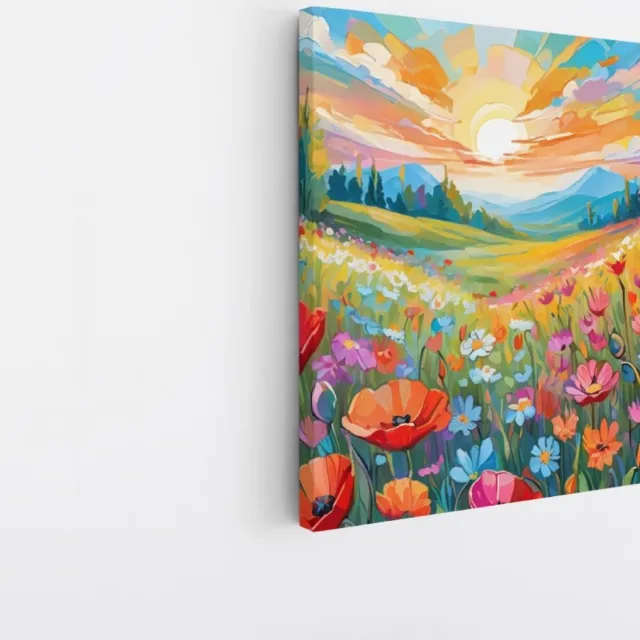 Saammp Canvas Schilderij - Bloemenveld met zonsondergang - Natuur - Landschap - 60x60 - Foto op canvas - Wanddecoratie - Muurdecoratie Woonkamer - Slaapkamer decoratie - Canvas Print Multicolor