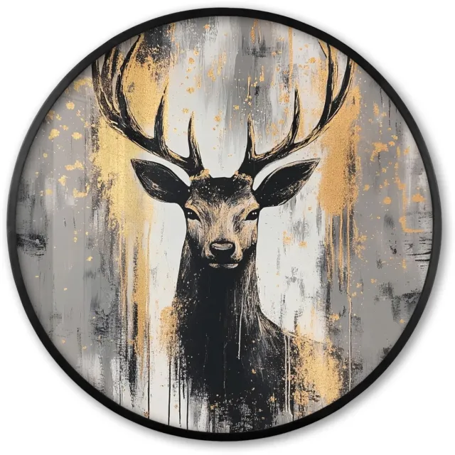 FrameYourWall Poster in lijst Rond - Fotolijst 60x60 cm - Posters - Abstract - Hert - Gewei - Goud - Ronde posterlijst zwart - Decoratie - Wanddecoratie woonkamer - Muurdecoratie slaapkamer