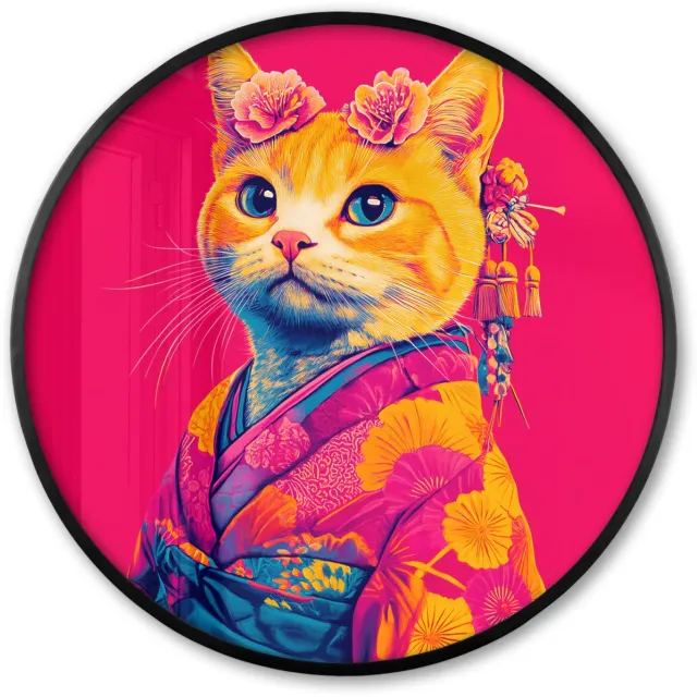 FrameYourWall Poster in lijst Rond - Fotolijst 80x80 cm - Posters - Kat - Kimono - Bloemen - Roze - Ronde posterlijst zwart - Decoratie - Wanddecoratie woonkamer - Muurdecoratie slaapkamer