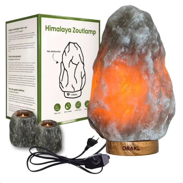 Orakl Dimbare Himalaya Zoutlamp Meteor – 2-4 KG – Nachtlamp -Tafellamp - Zoutlamp Incl. 2 Theelichthouder Grijs