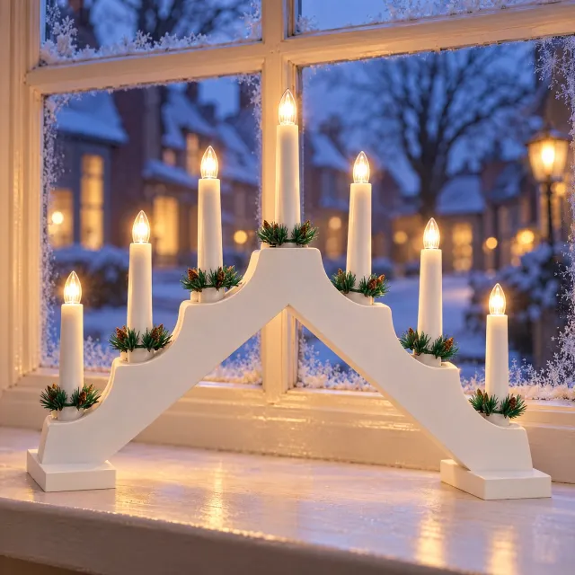 Levano Kaarsenbrug Hout - LED Kaarsen met Timer - Kerstverlichting Raam Binnen - Kandelaar Wit - Kerstversiering - Kaarsenhouder - Kaarsen op Batterijen - Kerstlampjes - Kerstlichtjes op Batterij - Raamdecoratie Kerst - Lichtbrug - Kerstbrug