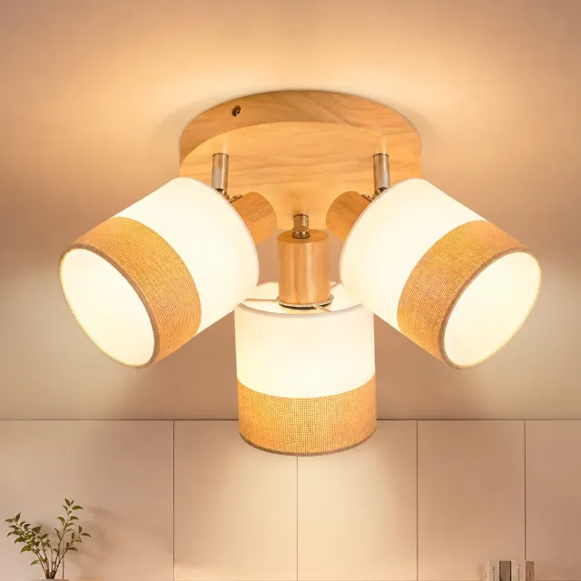 NETTLIFE Houten Plafondspot - Zwart - 3 Spots E14 - 90° Draaibaar - Plafondmontage met een diameter van 20 cm - Linnen Kap - Geschikt voor Hallen | Keukens | Woonkamers en Eetkamers | Lampen niet inbegrepen Natuurlijke houtkleur