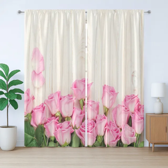 ABAKUHAUS Rustiek houten gordijn, bloeiend rozenboeket, met lussen en haken voor de woonkamer, 280 x 175 cm, roze, beige, groen