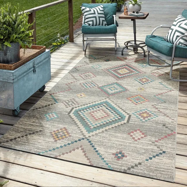 Mia´s Teppiche Mia’s Teppiche Bliss – Indoor & Outdoor vloerkleed, weerbestendig & onderhoudsvriendelijk, etnisch motief in beige turquoise, 140 x 200 cm