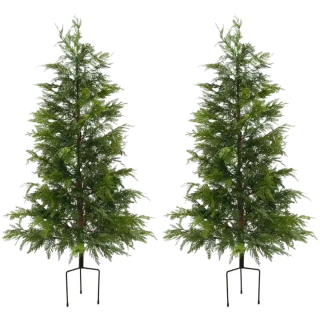 Triumpunpre Set van 2 Kunstmatige Cipresbomen met Grondpen en LED-verlichting – Kunstboom met Warmwitte Lichtjes – 122 cm – PE – voor Buiten, Tuin & Kerstdecoratie 4ft