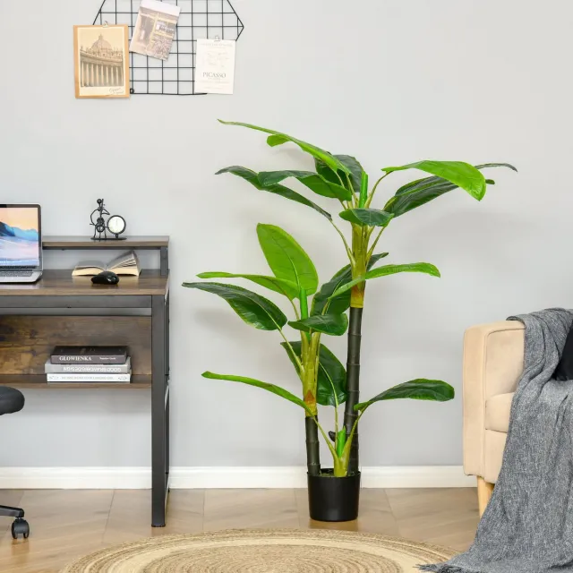DESMIU Kunstplant – Realistische Bananenplant – 150 Cm – Kunststof – Groen – Voor Binnen En Buiten – Zwarte Pot Met 18 Bladeren
