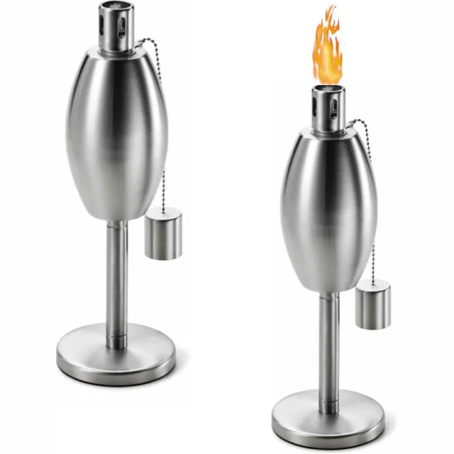 fire & Deco Tuinfakkel - olielamp met ovale oliecontainer, van geborsteld RVS en deksel/blusdop - 27 x 10 cm - 2 Stuks