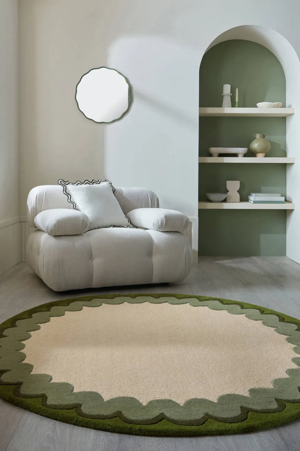 Flair Rugs Wiggle Border Wool Circle wollen vloerkleed olijfgroen, foto 2