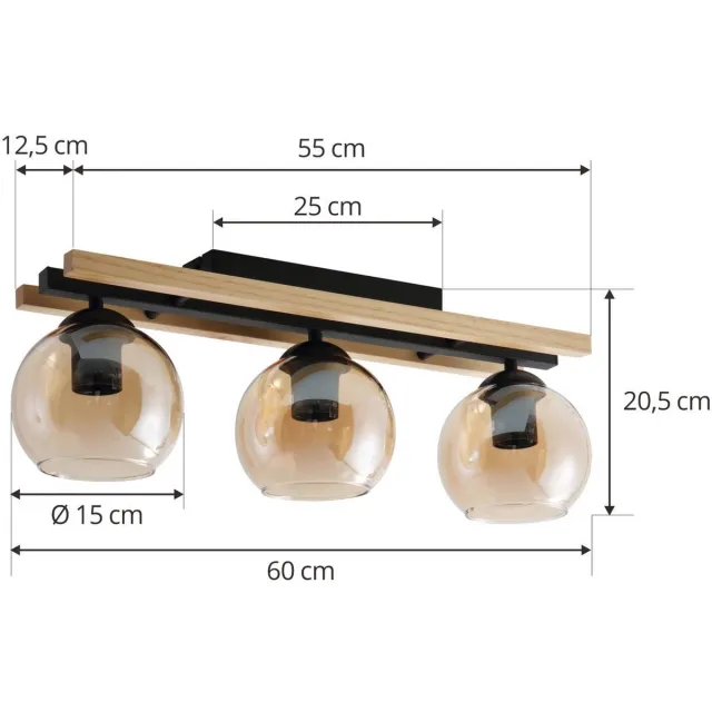 Lindby plafondlamp hout - 3lichts - Hout, glas, ijzer - H: 20.5 cm - E27 - licht hout, amber, zwart
