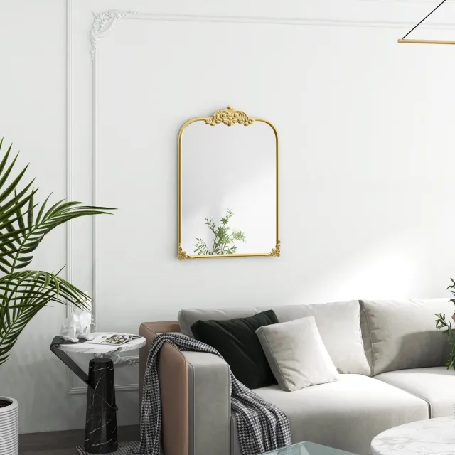 MEUNIQ Wandspiegel 60 x 87 cm in barokstijl met gouden metalen frame, afneembare florale decoraties en wandmontage voor woonkamer, slaapkamer of kaptafel