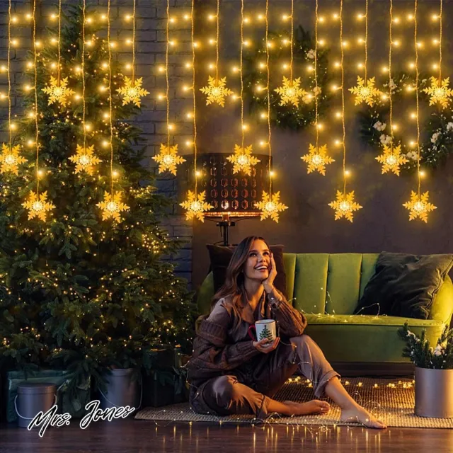 Mrs. Jones Lichtgordijn sneeuwvlokken warmwit 36 meter lichtsnoer stroom Kerstmis buiten balkon terras feestje waterdicht .