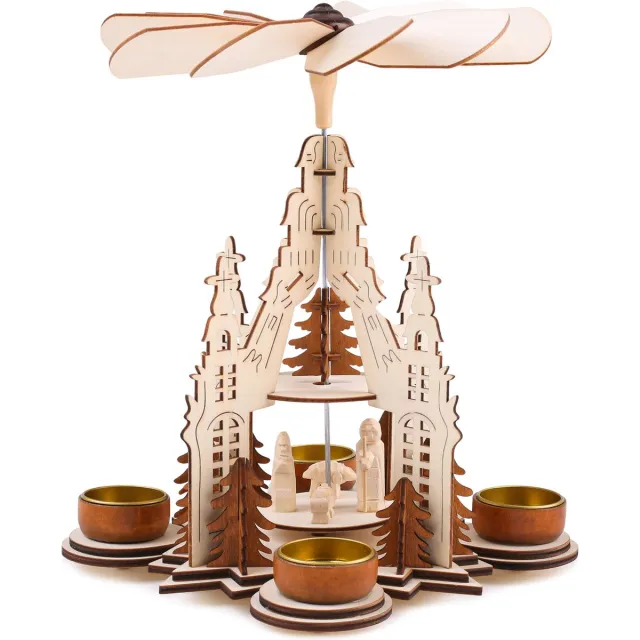 Brubaker Kerstpiramide kathedraal 29 cm - Maria, Jozef en Jezus - 2 etages - theelichtpiramide met 4 theelichthouders van metaal - hout natuur Houtkleuren