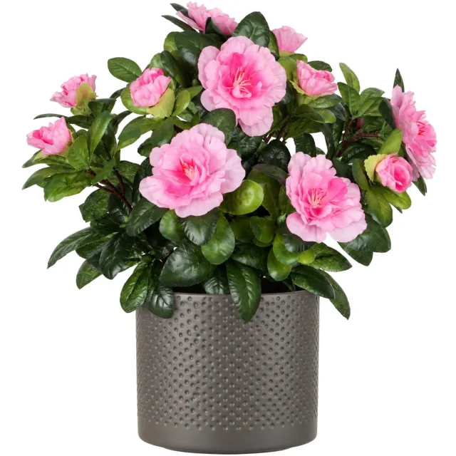 Mica Decorations Kunstplant - Azalea roze - H27 cm - in antraciet bloempot - keramiek - complete set van pot en plant - decoratie stuk