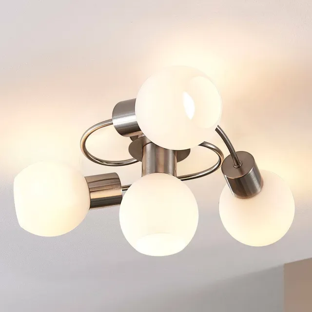 Lindby plafondlamp - 4lichts - Glas, metaal - H: 17.5 cm - E14 - wit, nikkel gesatineerd