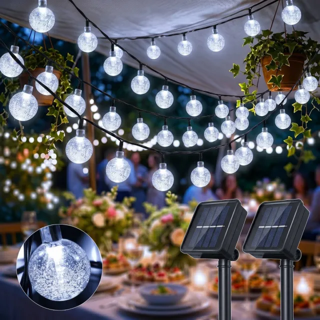 Rosnek 2 Stuks Solar Lichtsnoer Buiten - Lichtslinger met 20 LED Kristallen Bollen - 5 Meter - 2 Standen met Geheugenfunctie - Tuinverlichting op Zonne-energie - IP44 Waterdicht - Wit