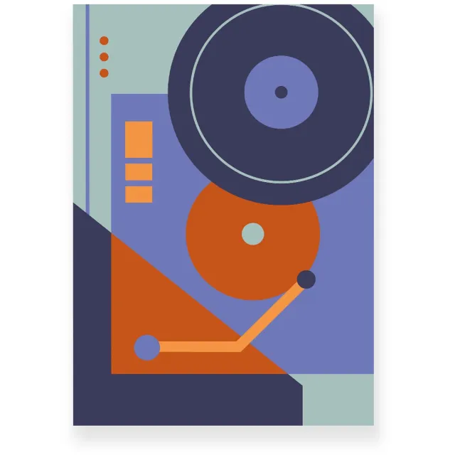 Yisual Poster 50x70 cm - Retro Platenspeler - Blauw - Oranje - Abstract - Vintage - Muurdecoratie - Wanddecoratie