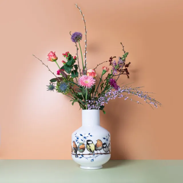 Heinen Delfts Blauw Hoge bolvaas Bosvogels Wit
