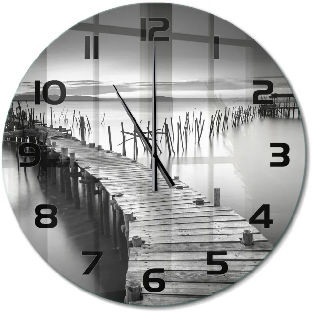 TULUP Wandklok - Houten brug Wandklok Glas Decoratie - fi60 cm - Zwart-wit Gekleurde Glazen Klok - Zwarte handen - Ronde Klok - Klok Glas Met Opdruk - Moderne Wandklok Glas