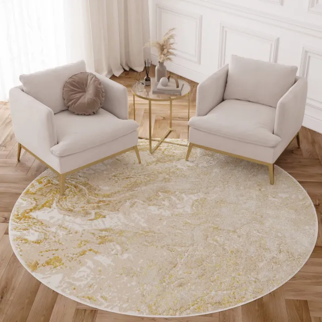 Tapiso Crystal Rond Vloerkleed Beige Creme Laagpolig Modern Tapijt Maat- 200x200