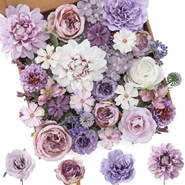 PromoHome Kunstbloemen Set Paars - 18 Stuks Zijden Bloemen Mix met Dahlia's, Rozen en Pioenrozen inclusief Stelen voor DIY Bruiloft Decoratie, Bloemstukken en Woondecor