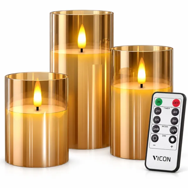 Vicon LED Kaarsen met Bewegende Vlam - Set van 3 - Inclusief Afstandsbediening + Batterijen - Nep Kaarsen met Flikkerende Vlam - Dinerkaarsen Oplaadbaar Goud