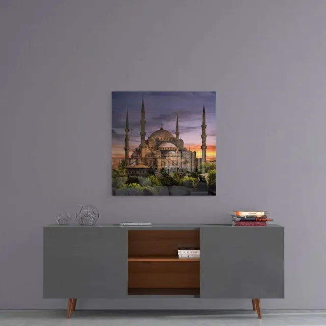 Insigne Art Vierkant Glasschilderij – Istanbul Moskee – Islamitische Wanddecoratie - 100x100 cm Blauw
