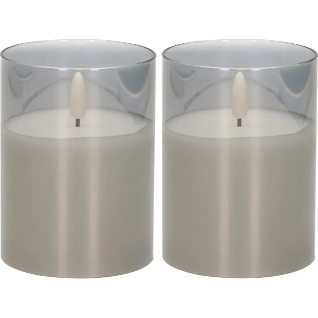 Cepewa LED Kaars - 2x stuks - met timer - grijs - glas - 7 x 10 cm - met timer - Woondecoratie - Elektrische kaarsen