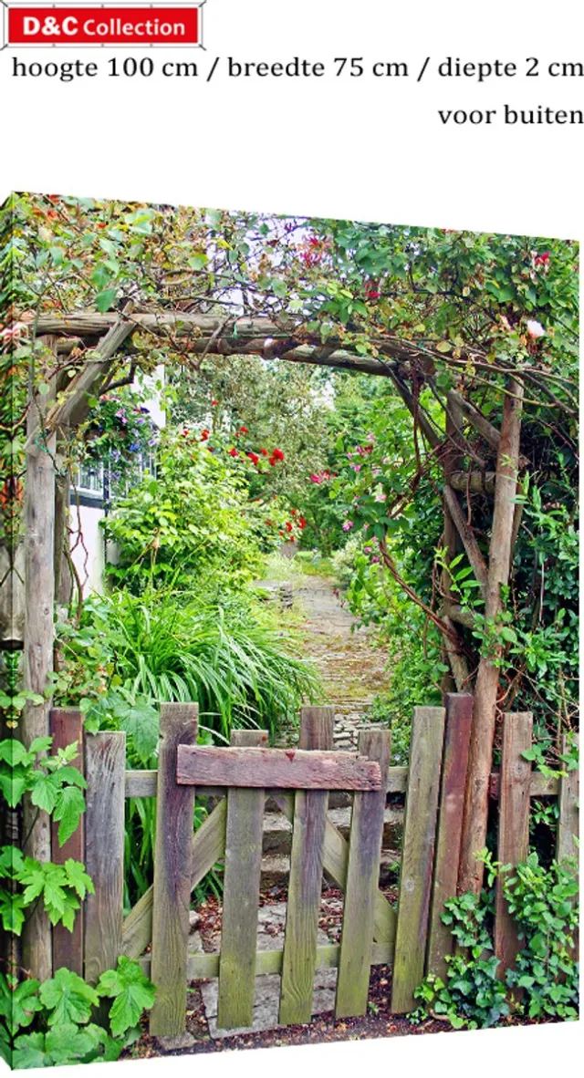 D&C Collection Tuincanvas tuin zicht - 100x75x2 cm - tuinposter - doorkijk - karakteristiek romantisch houten tuinhekje - schuttingposter - tuindoek - balkon decoratie bruin, groen