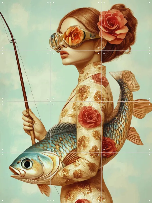 IXXI High fishion, Mirjam Duizendstra - 60 x 80 cm - Grote wanddecoratie en posters Woonkamer, Portretten, Vissen, Bloemen Groen / Roze