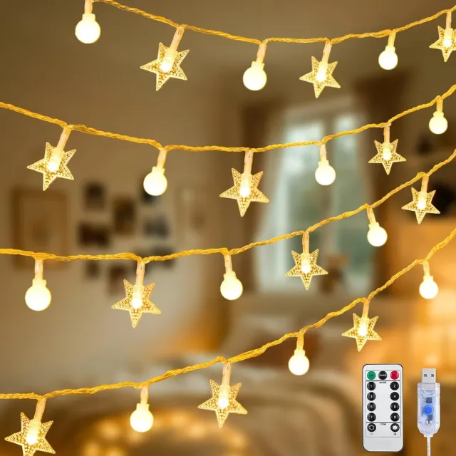 YAGXIG Bolvormige Sterrenlichtslinger - Kerstverlichting - Bolvormige lichtslinger - 12 m x 100 LED's - USB-voeding - Warmwitte decoratieve sterrenverlichting - Geschikt voor slaapkamers, klaslokalen, studentenkamers en interieurdecoratie.