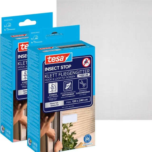 Tesa INSECT STOP H&L Fly Screen Premium for Windows - hor met klittenband, verwijderbaar zonder resten, antraciet - 2x 120 x 240 cm zwart