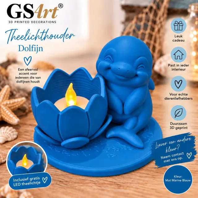 GSArt Theelichthouder Dolfijn – 3D Geprinte Woondecoratie – Inclusief LED Theelichtje - Mat Marineblauw