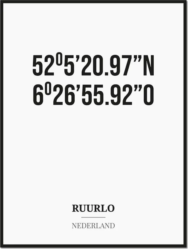 Studio216 Poster/kaart RUURLO met coördinaten zwart, wit
