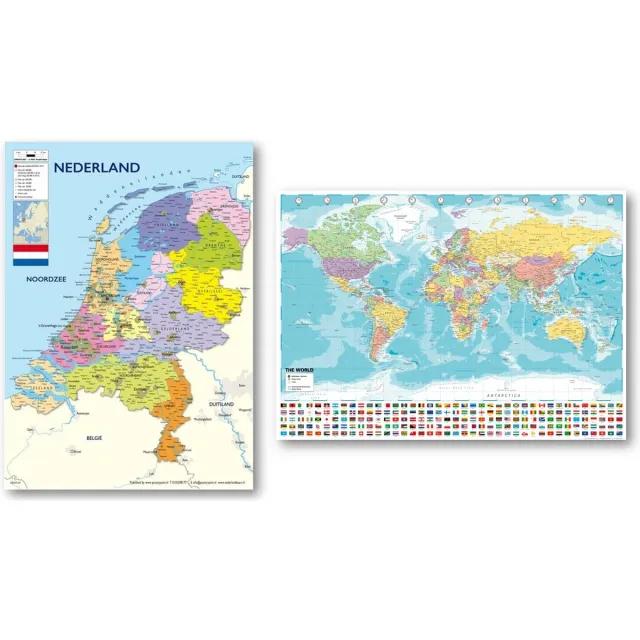 Posterpoint Wereldkaart en Nederland kaart poster - Set van twee posters - Landkaarten - Formaat 50 x 70 cm blauw