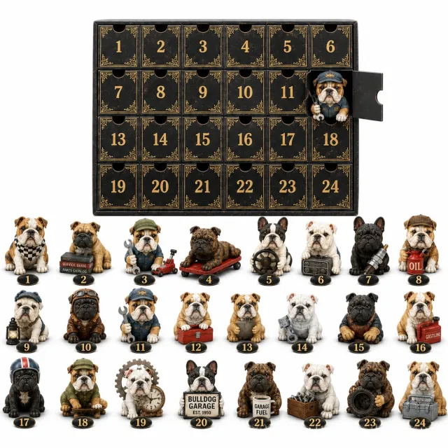 SWGOTA Adventskalender met automonteur-buldogs, 24 vakjes en 24 platte hangdecoraties, kerstcadeau in kartonnen doos Zwart